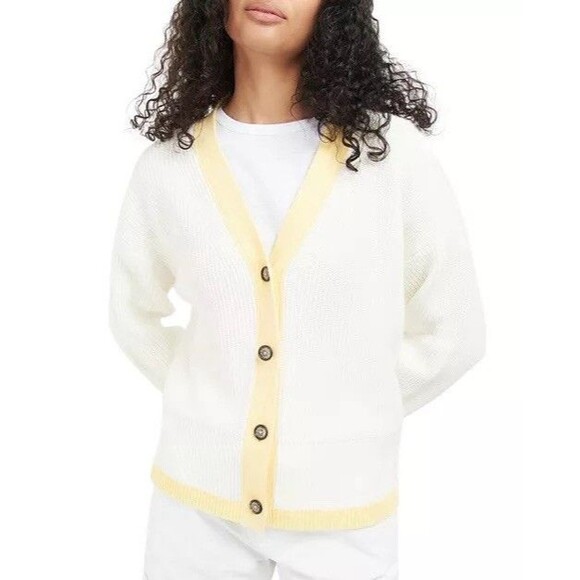 Barbour 100% Cotton V-Neck Oversized Knit Button Up Cardigan 4 Yellow White - Picture 1 of 7